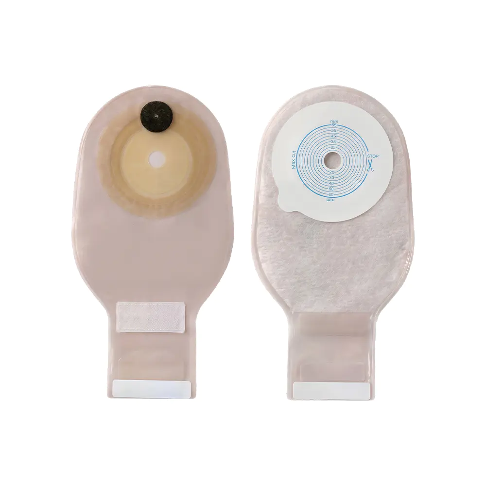 Bolsa de ostomía con sellado de velcro y capa exterior de membrana de malla y no tejida de una sola pieza