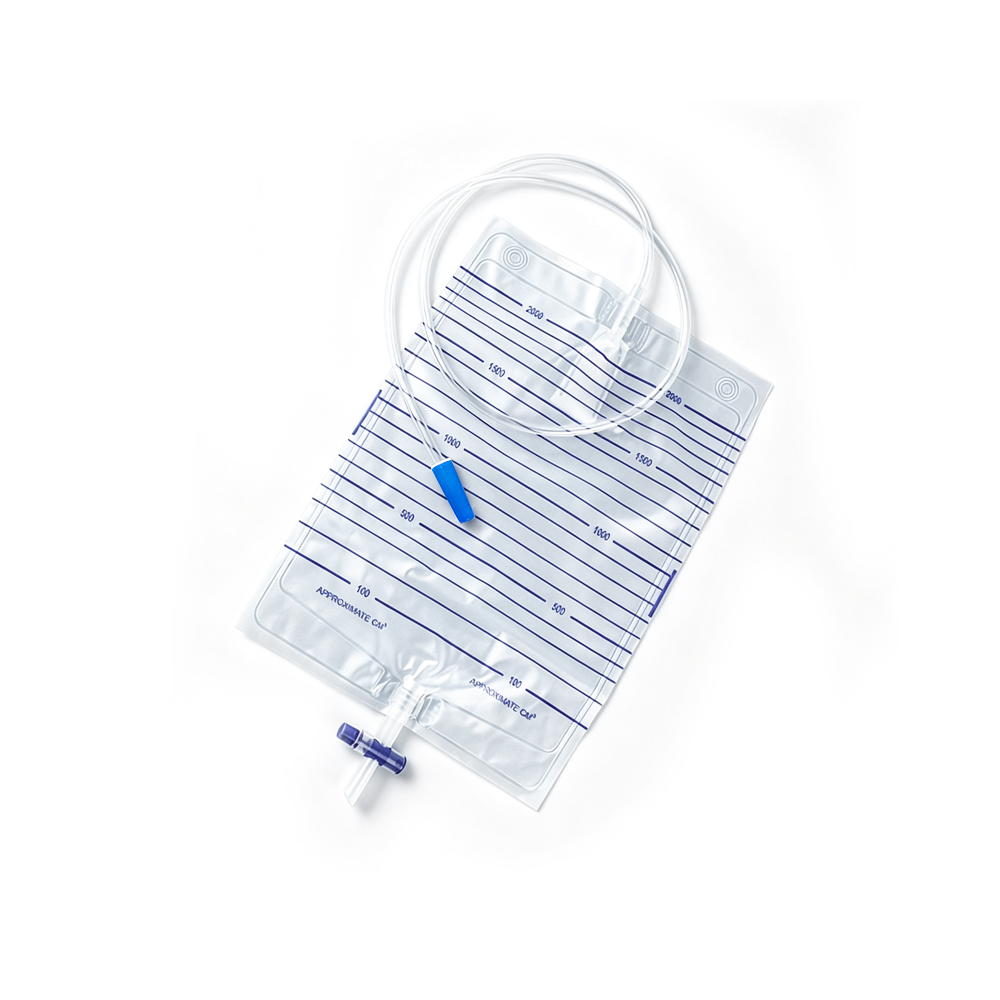 Bolsa de orina de grado médico de PVC estéril y no tóxico de 2000 ml con válvula cruzada tipo T