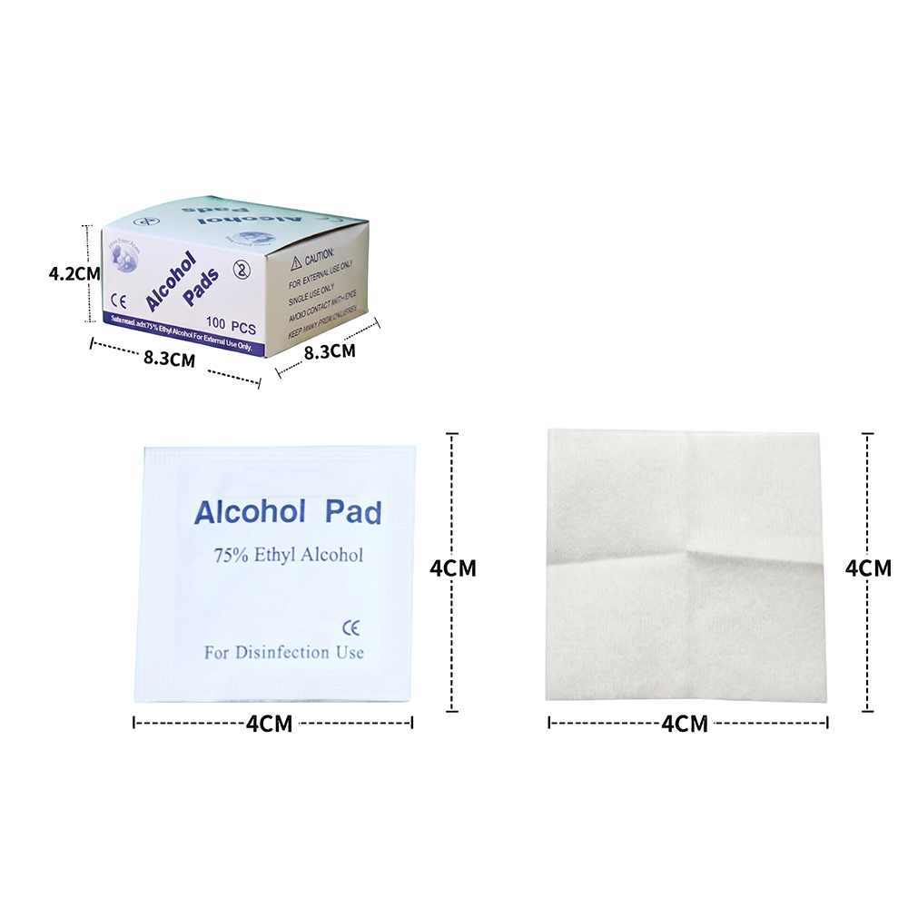 100 unids/caja 4x4cm almohadillas de preparación de alcohol etílico al 75% envueltas individualmente para el hogar, viajes y uso clínico