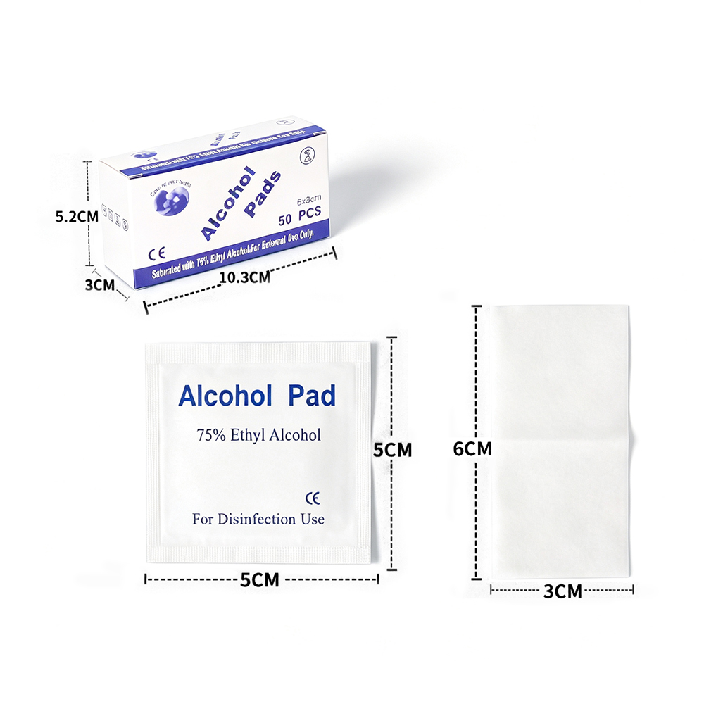 50 unids/caja 75% toallitas desinfectantes con alcohol etílico de 6x3cm envueltas individualmente para primeros auxilios y cuidado personal
