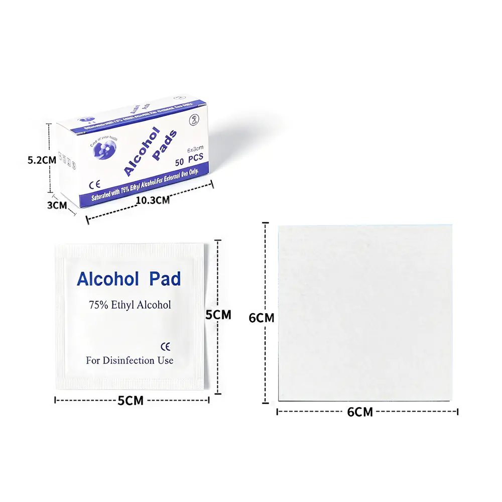 50 unidades/caja Premium, almohadillas de alcohol etílico al 75% envueltas individualmente, 6x6cm