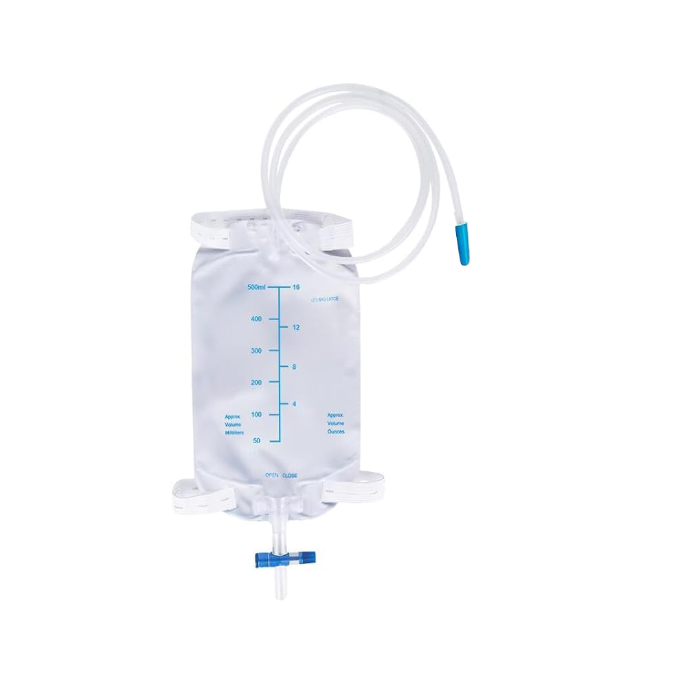 Bolsa urinaria médica para piernas de PVC, sin látex, portátil y discreta, de 500 ml, con válvula antirreflujo